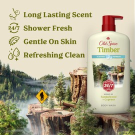 Old Spice Cleansing Body Wash for Men, 24/7 Shower Fresh with Lasting Scent, Cleanse & Refresh, Gentle on Skin, Vitamin B3, Timber with Sandalwood + Cypress Scent, 30 oz (Pack of 4)