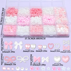 RODAKY 1000PCS Bow Nail Charms Pink&White 3D Bow Nail Charms Multi Shape Nail Decoration Flatback Pearl Beads Flower Charms Nail Accessories with Tweezer Pickup Pencil