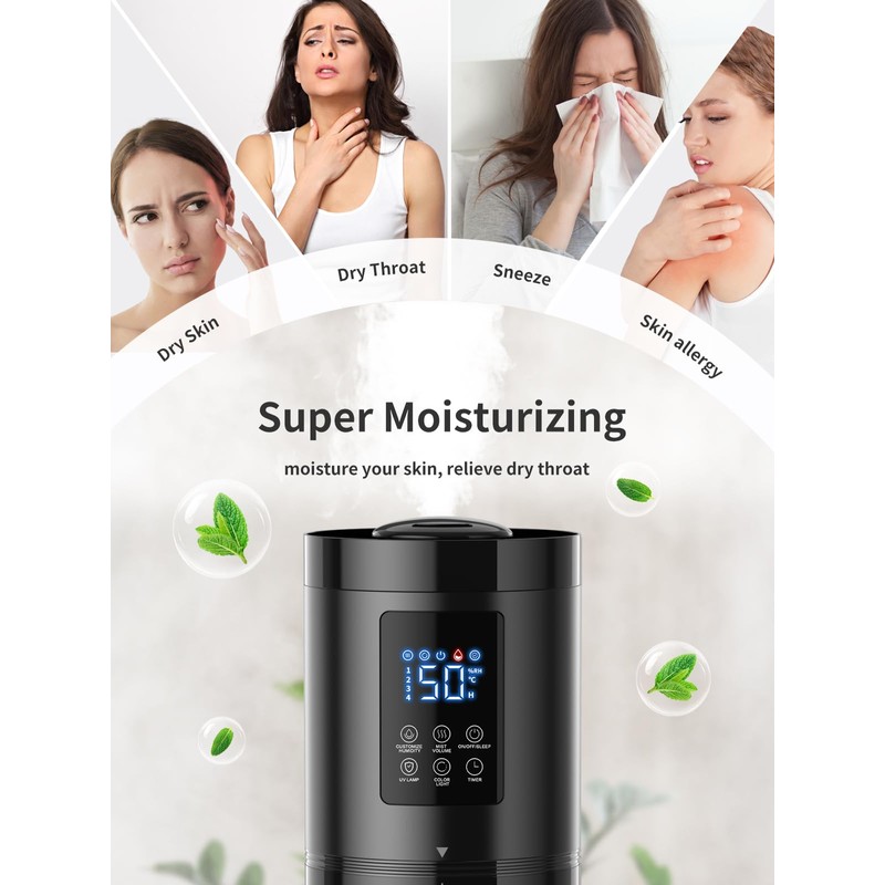 8L Humidifiers for Bedroom, 30dB Quiet, 500ft² Coverage, 60H Runtime,