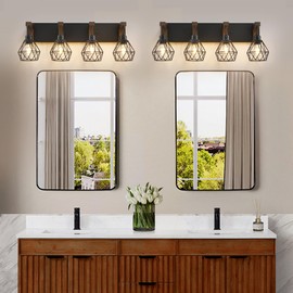 4-Light Farmhouse Bathroom Vanity Light Fixtures, Wood Bathroom Light Over Mirror, Rustic Sconces Wall Lighting with Elegant Metal Lampshade for Living Room, Bedroom, Hallway