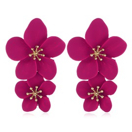 MALOYANVE Bohemian Flower Earrings for Women Delicate Big Double Layered Tiered Daisy Matte Metal Floral Petal Dangle Drop Statement Earrings Chic Boho Hawaii Vacation Wedding Flower Jewelry (Rose Red)