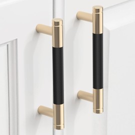 9BUILD 10 Pack 3.75 Inch Knurled Cabinet Pulls Matte Black Kitchen Cabinet Handles Brushed Gold Cabinet Hardware Kitchen Handles for Cabinets Black Dresser Pulls T Bar Drawer Handle