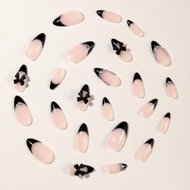 French Tip Press on Nails Short Almond Fake Nails Blakc False Nails Rhinestone Artificial Nails with Bow Designs Cute Nails Stick on Nails for Women 24pcs