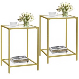 HOMSHO Side Tables Set of 2, End Table with Tempered Glass, 2-Tier Nightstands with Storage Shelves, Coffee Table with Modern Style, Square Sofa Table for Living Room, Bedroom, 15.7"D x 15.7"W, Golden