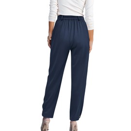 BTFBM Women's 2025 Casual Button Down Pants Elastic High Waist Business Work Trousers Long Straight Slacks with Pockets(Solid Dark Blue, Small)