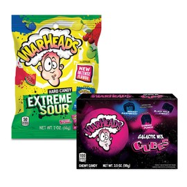 Warheads Extreme Sour Hard Candy, Assorted Flavors 2 OZ Bag | Warheads Galactic Mix Cubes Chewy Candy, 3.5 Ounce Bag