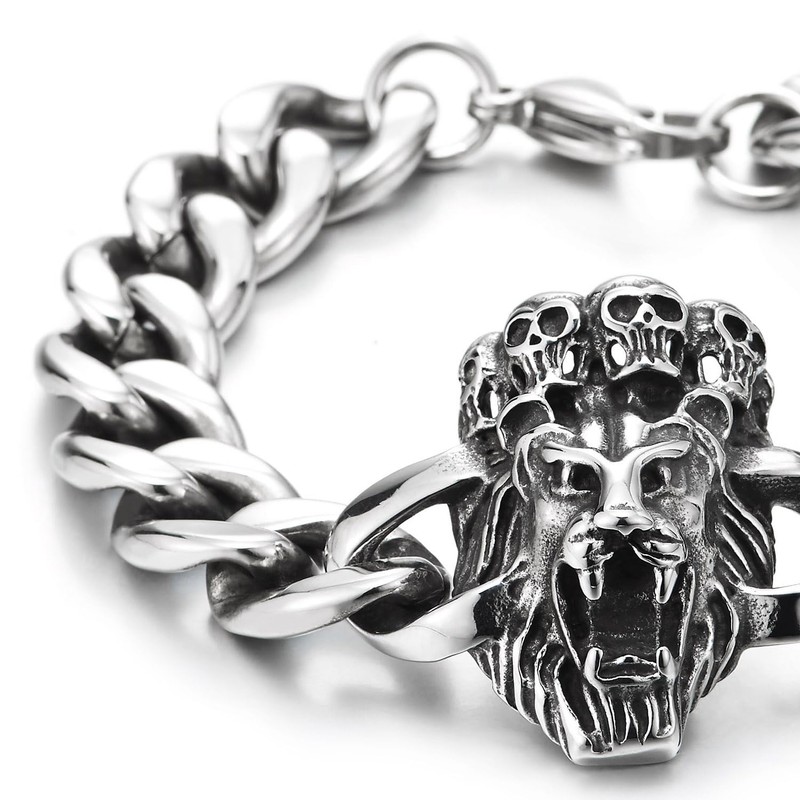 COOLSTEELANDBEYOND Men's Stainless Steel Lion Head Bracelet with Skull, Heavy