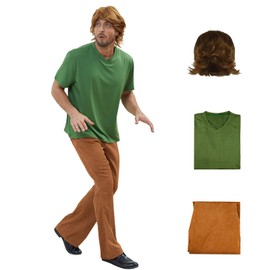 LILLIWEEN Shaggy Costume Mens Green V-Neck Short-Sleeve Shrit Corduroy Bell Bottom Flares Pants 60s 70s Vintage Costume S
