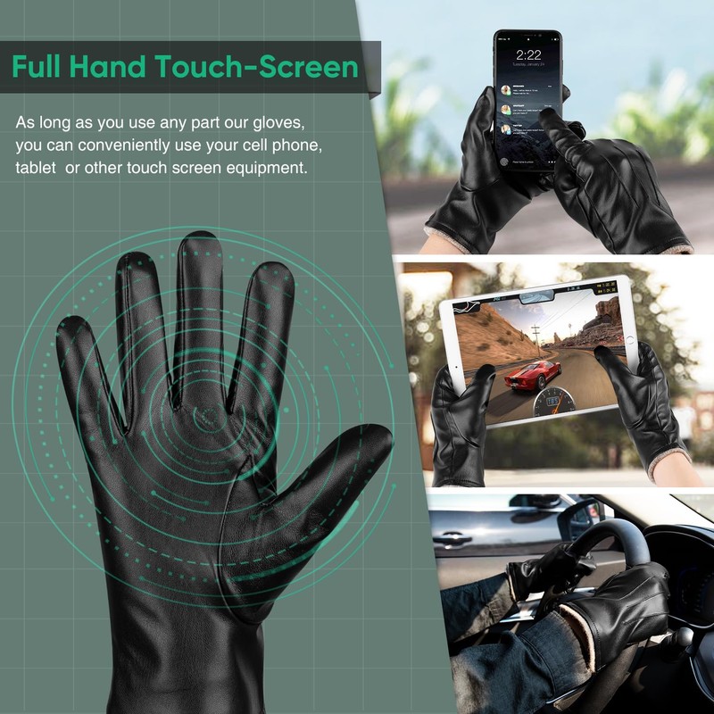 Winter PU Leather Gloves For Men, Warm Thermal Touchscreen Texting