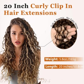Curly Clip In Hair Extensions,4PCS 20 inch Thick Curly Hair Extensions Lace Weft Clip Ins Invisible Natural Synthetic Hairpieces for Women,Ash Brown & Beige Blonde Highlights(130H132)