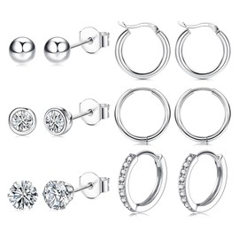 KALVICA 6 Pairs Silver Hoops Earrings for Women Men 925 Sterling Silver Stud Earrings Hoop Earrings Set with Cubic Zirconia Multiple Piercing Cartilage Small Huggie Hoop Earrings Hypoallergenic