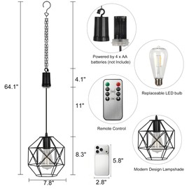 FANOAULEA Battery Operated Chandelier, Outdoor Hanging Pendant Lights, Waterproof Chandelier with Remote, Gazebo Lights Indoor Lamp Lantern for Porch Pergola Patio Garden Barn Room Home Decor