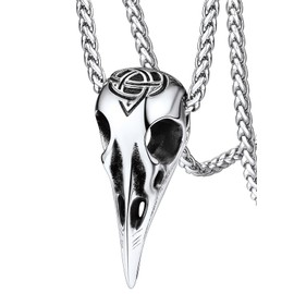 Viking Jewelry Men Raven Necklace, Cool Skull Necklaces, Celtic Knot Stainless Steel Norse Amulet Odin Crow Pendant Jewelry with Sturdy Wheat Chain