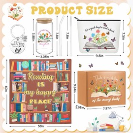 Paterr 6 Pcs Book Lover Gifts for Women, Mother's Day Book Club Gifts for Bookish, Canvas Tote Bag Makeup Bag Print Blanket Socks 16oz Glass Coffee Cup with Straw Cute Keychain for Librarian Birthday