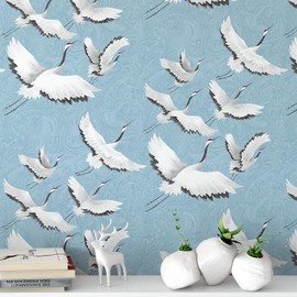 Peel and Stick Wallpaper for Home Decoration Kitchen White Crane Blue Wallpaper Removable Vinyl Self Adhesive Shelf Paper & Drawer Liner Roll House, Workshop & Office 17.3" x 118" TH8096-3