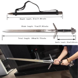 Medieval White Wolf Silver Steel Sword Metal Two Handed Replica 41inch Suitable for Cosplay LARP Costumes Halloween Props (Lake Female Sword)