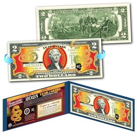 2025 Chinese Lunar New Year Year of The Snake Gold Hologram Colorized Two Dollar Federal Reserve Note Collectible Blue Display Holder and Certificate