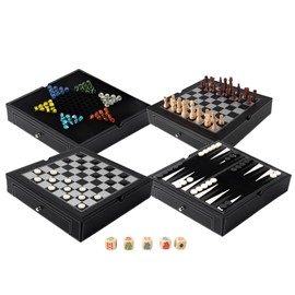 GSE Games & Sports Expert 12.5" Premium Leather 5-in-1 Chess, Checkers, Backgammon, Chinese Checkers, and Poker Dice Board Game Combo Set for Kids & Adults