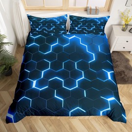 Boys Geometric Duvet Cover Single,Neon Geometric Honeycomb Comforter Cover Sky Blue Black Bedding Set Abstract Geometry Hexagonal Beehive Quilt Cover Modern Fashion Room Decor Zipper