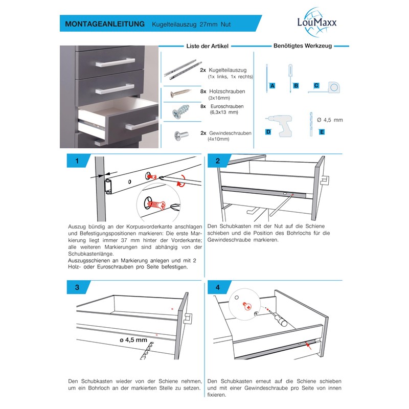 LouMaxx Ball Extension Set of 4 Drawer Runners 27 mm