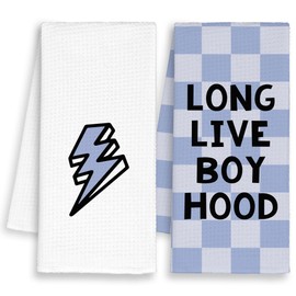 Dimurela Blue Long Live Boyhood Kitchen Towels Set of 2, Checkered Hand Towels Decor for Bathroom Playroom, Nursery Dish Towel, Trendy Tea Bar Waffle Towel for Dorm Toddler Boys Teens Home 16x24in