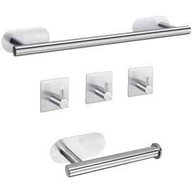 Self Adhesive Towel Bar, JiGiU Bathroom Hardware Set Include 16-Inch Bath Towel Bar,Toilet Paper Holder & 3 Packs Towel Hooks SUS304 Stainless Steel Wall Mount No Drill Sticky on Towel Holder Kit