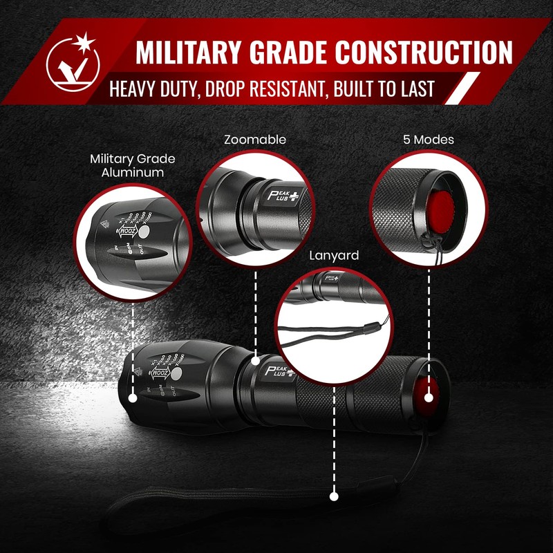 PeakPlus LED Tactical Flashlights High Lumens, Zoomable, 5 Modes Bright