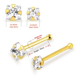 AZARIO LONDON 9K Solid Yellow Gold Claw Set 1.5MM Square CZ Stone 22 Gauge Nose Bone Nose Stud Piercing