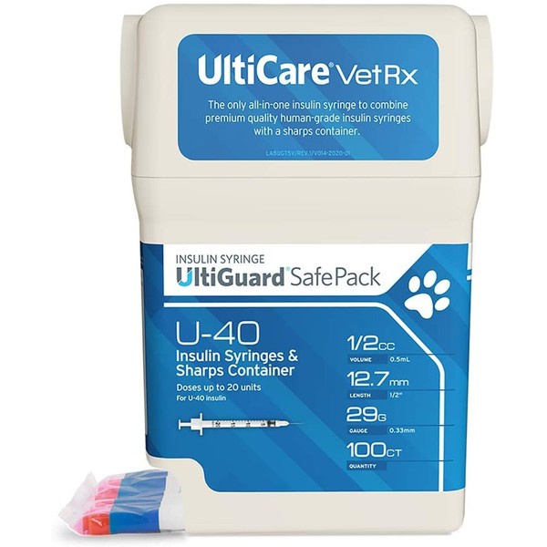 UltiCare VetRx U-40 UltiGuard Safe Pack Pet Insulin Syringes 1/2cc, 29G x 1/2", 100 ct