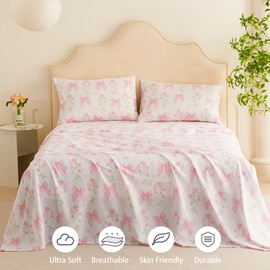 Jolusere Bow Sheet Set Queen for Girls Kids Pink Floral Fitted Sheet Set Soft Microfiber Fitted Flat Sheets & Pillowcases - Princess Style Bowknot Bedding Sets Toddlers 4 Pieces Cute Sweet Bed Set
