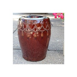 Maykoosh Renaissance Romance 19" H Tasseled Drum Ceramic Garden Stool with Polished High Gloss Finish, Contemporary Garden Stool, Brown Glaze Finish, Drum Style Stool