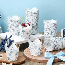 200 Pcs Blue Coastal Bow Tulip Cupcake Liners Ocean Starfish Seashell Paper Baking Cup Muffin Baking Liner Tulip Cupcake Wrappers for Sea Summer Birthday Wedding Bachelorette Party Supplies