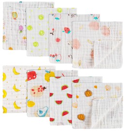 LUHIUMOYA Pack of 8 Muslin Wash Cloths Baby 100% Cotton 25 cm x 48 cm Breathable Durable and Absorbent Safe Gentle Baby Burp Cloths for Boys for Girls (Fruit Pattern)