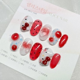 [Handmade Nail Tips] Tomato Horizontal Cat Nails - Coffin Egg / [수제 네일팁] 토마토 가로 고양이 네일 - 코핀에그