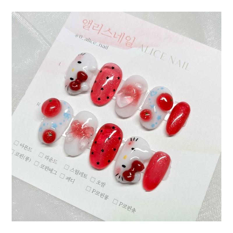 [Handmade Nail Tips] Tomato Horizontal Cat Nails - Coffin Egg