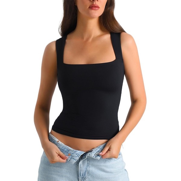 HOYAYO Women's Square Neck Sleeveless Double-Layer Tank Tops Basics Outfit