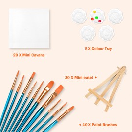 MicoSim 20 Pack Mini Canvases, 6x6in Small Painting Canvas Panel with Mini Easel, Art Canvas Painting Kit with 10 Brushes & 5 Paint Tray for Kids Teenagers Acrylic Pouring Oil Water Color Gift