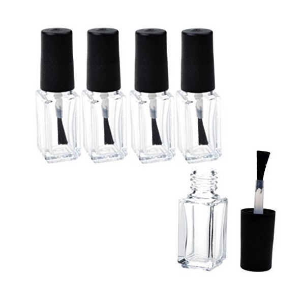 ASTRQLE 5 PCS 3ML Empty Transparent Glass Square Bottom Shape Nail Polish Clear Bottles with Balck Cap and Soft Nail Brush for Travel and Home