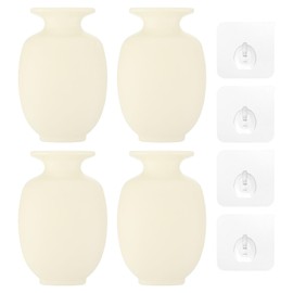 PATIKIL Wall Mounted Flower Vase, 4 Pcs Mini Flower Vase PP Removable Wall Hanging Flower Pot with Sticky Hook for Home Party Decoration, Beige