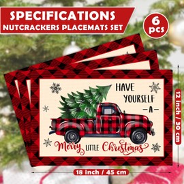 Christmas Placemats Set of 6, Buffalo Plaid Merry Christmas Table Mats Kitchen Mat for Dining Table, Washable Linen Xmas Tree Truck Gnome Dining Place Mat Table Decoration for Holiday Decor, 12 x 18in