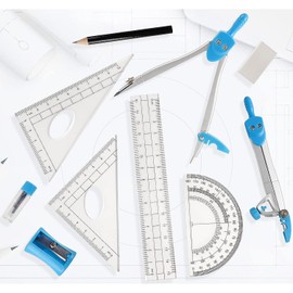 BJAINGEXK Geometric Design Mathematical Compass 10-Piece Set, Including Compass, Protractor, Pencil, Eraser, Pencil Sharpener, Triangle, Triangle, 6-inch Ruler, Lead core, Storage Box (Blue)