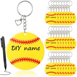 Equsion 24 Pcs Christian Softball DIY Keychains Gift Bulk with Black Writing Pen Acrylic Softball Charms for Team Party Favor(Heart)