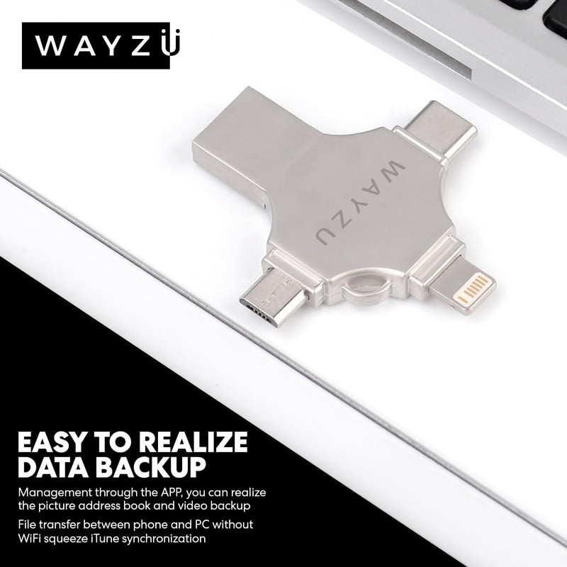 Wayzu 4-in-1 USB Flash Drive, Multi-Device Compatible, Type-C/Lightning/Micro-USB/USB-A, Portable Storage