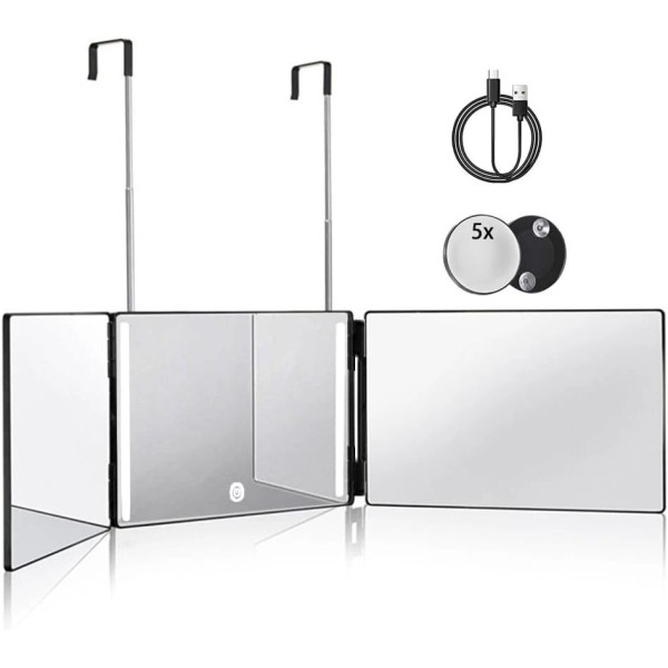 HIEEY 3 Way Mirror for Hair Cutting with LED,360 Trifold
