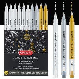 PANDAFLY Gold Silver White Gel Pens, 10 Pack, 1mm Extra Fine Point Gel Ink Pen, Opaque White Archival Ink Pens for Black Paper Drawing, Sketching, Card Making