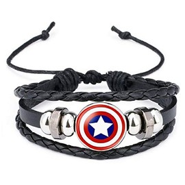 Captain A Shield Logo Glass Domed Braided Leather Bracelet