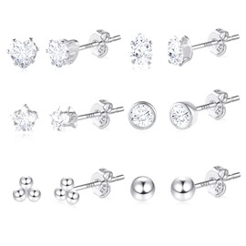 6 Pairs White Gold Plated Small Stud Earrings Set Cubic Zirconia Cartilage Stud Earring with Sterling Silver Post Hypoallergenic Stud Earrings for Women Girls Valentine's Day Gift
