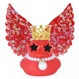 Angel Rubber Duck with Red Glitter Wings,Squeaky Duck for Jeep Ducking Car Dashboard Decoration with Crown,Sunglasses and Pearl Necklace