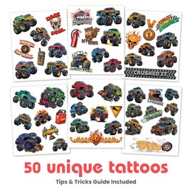 Savvi - 50 Monster Motors Temporary Tattoos: Skin-Safe Ink, Great for Birthday Parties, Gifts for Boys and Girls Ages 4-12+, Made in the USA [6 sheets, 50 count]