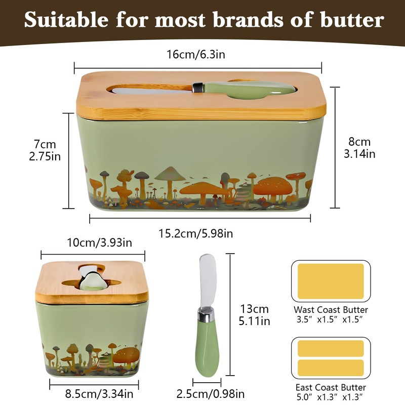 Mushroom Butter Dish with Lid,Large Butter Crock Keeper Saver,Ceramic Butter